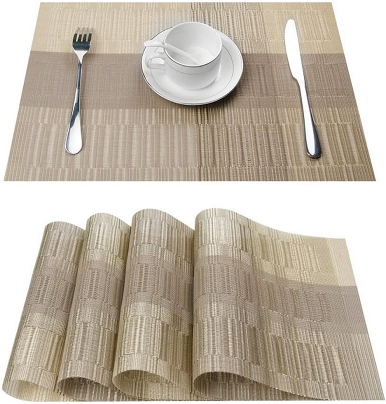 Set of 4 PVC Placemat for Table Mat Pad Drink Wine Coasters b.amboo Placemats Dining Table Place Mat Kitchen Table Linen for Festival Party Family Gathering (Color : Gold Bamboo Size : Set of 8) (G