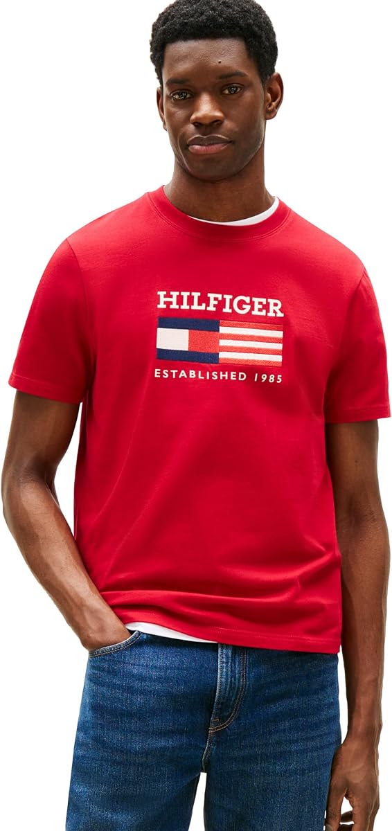 Tommy Hilfiger Men's Short Sleeve Cotton Graphic T-Shirts with Embroidered Flag Logo