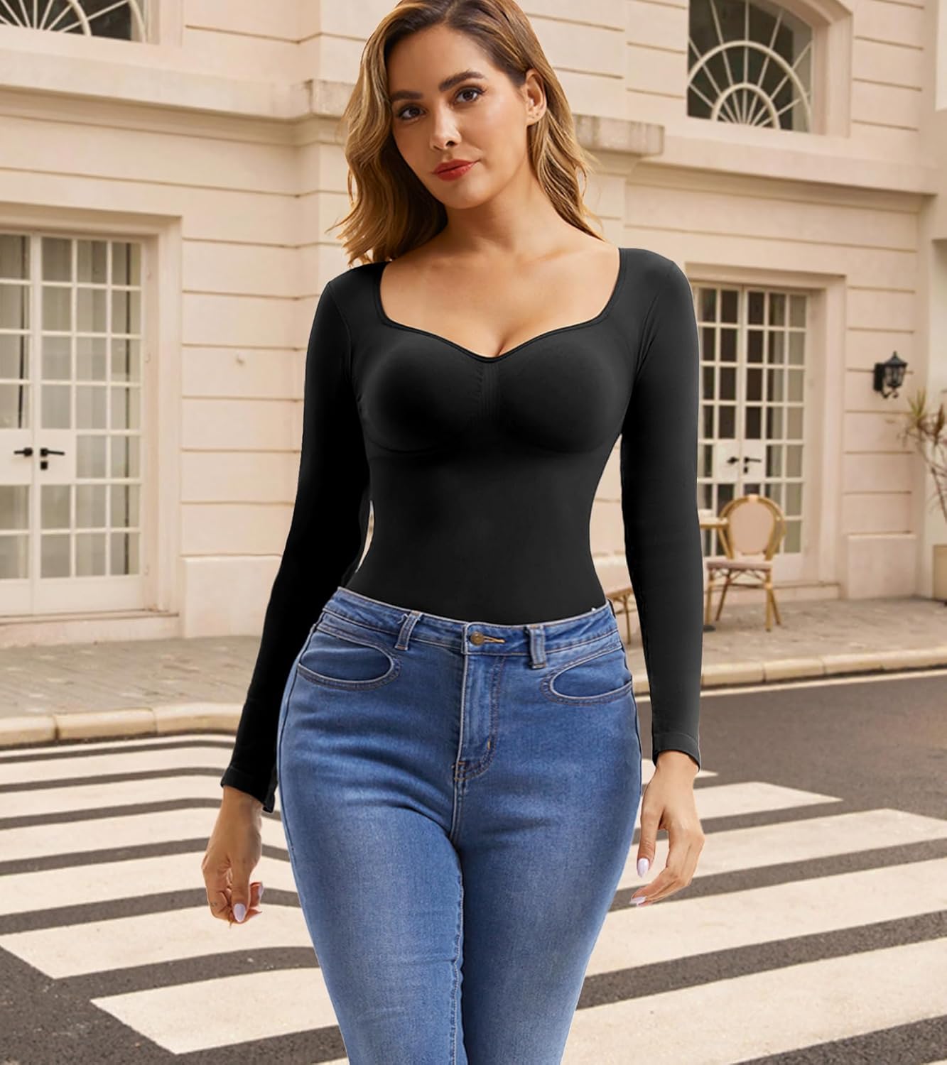 Long Sleeve Shapewear Bodysuit for Women Tummy Control, Seamless V Neck Body Suit Tops Body Shaper - Image 7
