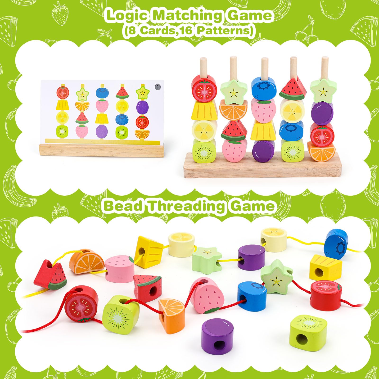GiddyGlow Juguetes de Madera Montessori para Niños 2 3 4 Años： Juego Educativo con Ensartar Cuentas y Apilar Bloques para Motricidad Fina + Regalo Niña Niño 2-5 Años