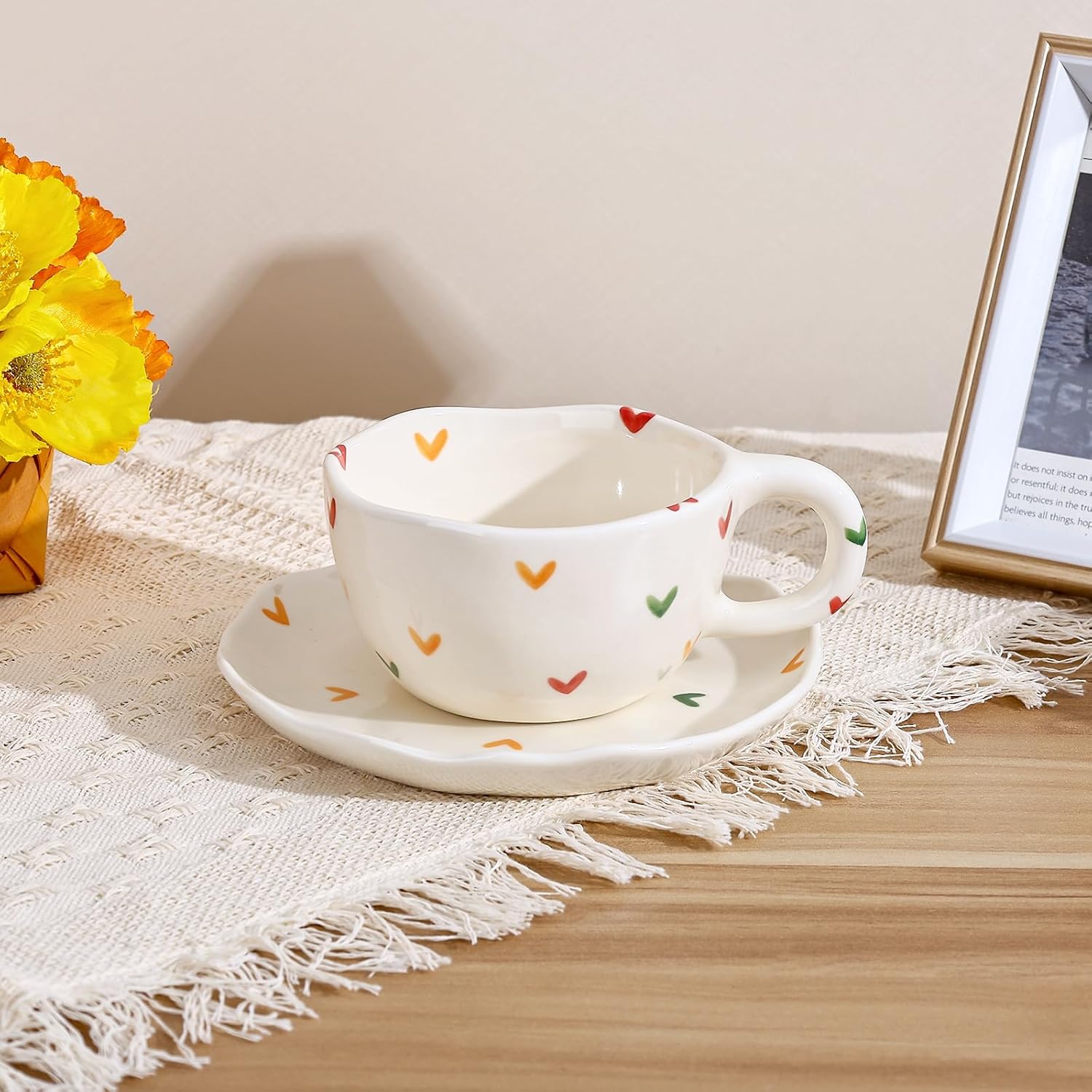 Koythin Ceramic Coffee Mug with Saucers, Handmade Flowers Mugs, Cute Cup for Girl Women, Aesthetic Tea Milk Cup with Handle, 8.5 oz/250 ml for Latte, Cocoa, Office, Home (Colorful Little Hearts) - Image 3