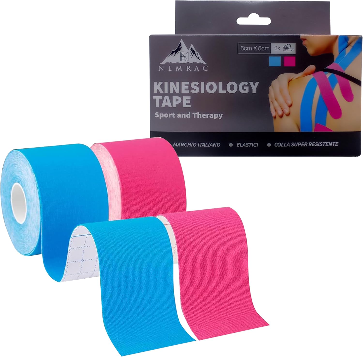 Tape Sportivo, Nastro Kinesiologico 5x5 CM, Blu e Rosa, Impermeabile ed Elastico, Ideale per