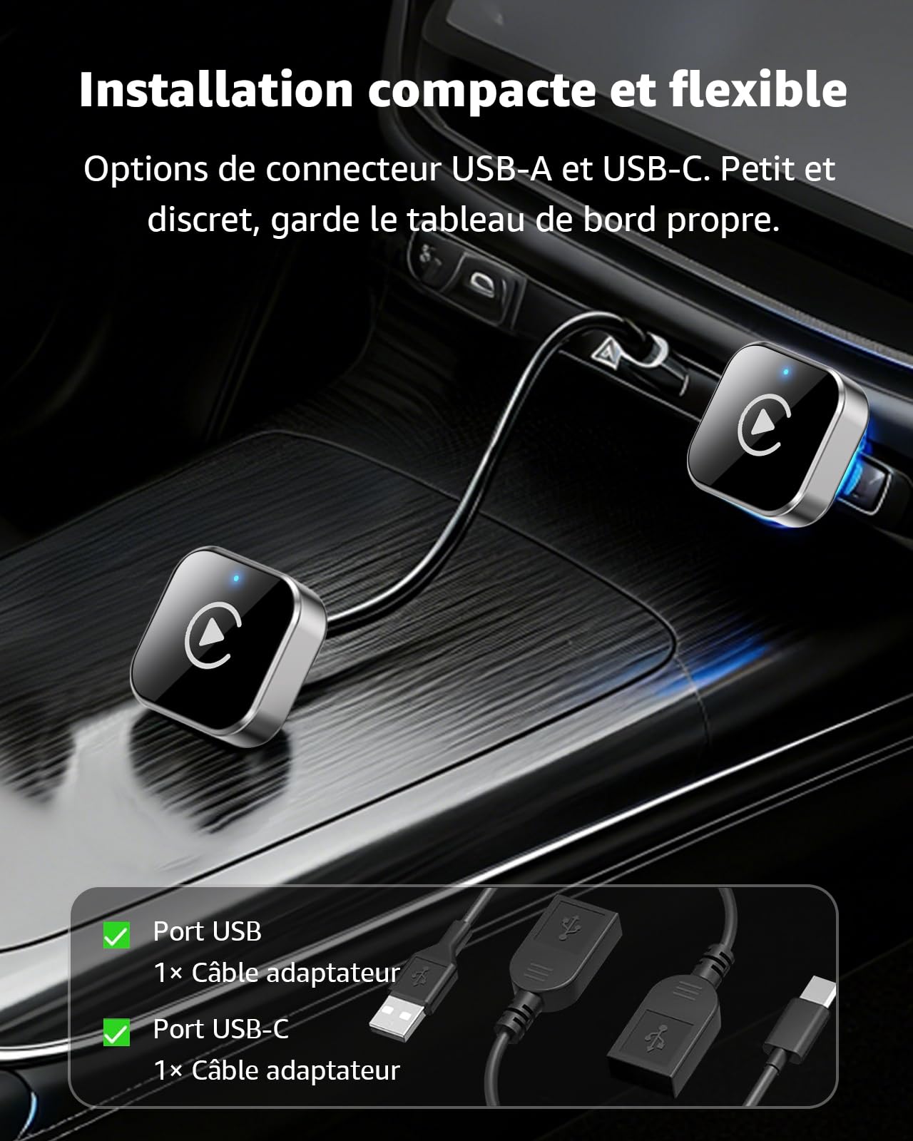 CarPlay sans Fil Adapter 2026 Upgrade, Mini 2-en-1 Dongle USB Plug & Play, CarPlay & Android Auto sans Fil pour Voiture, Connexion Automatique Stable, Compatible iPhone & Android, Argent