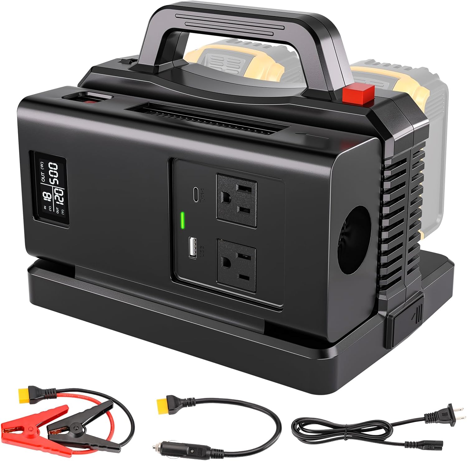 500W Pure Sine Wave Power Inverter for DeWalt 20V Battery, 2-Ports DC 20V to AC(2 Outlets) 120V Car Charger Plug Inverter Adapter Converter for Camping, Travel, Emergencies(Tool Only)