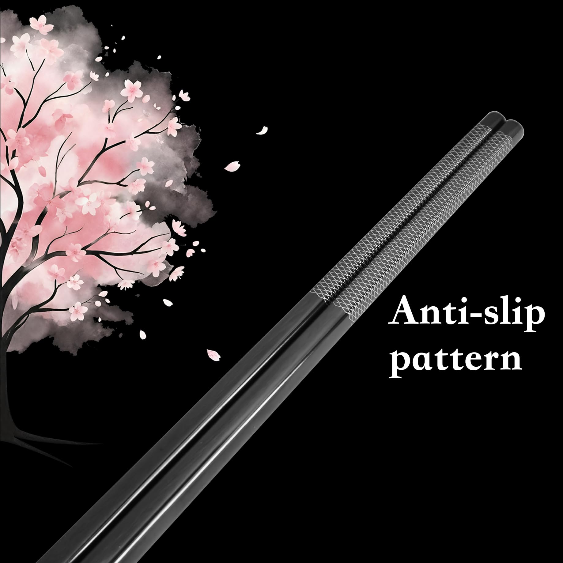 TIAKO Set di 5 paia di bacchette in fiore di ciliegio nero, acciaio inossidabile 18/8 di alta qualità, elegante confezione regalo, design giapponese Sakura per sushi, sala da pranzo asiatica e
