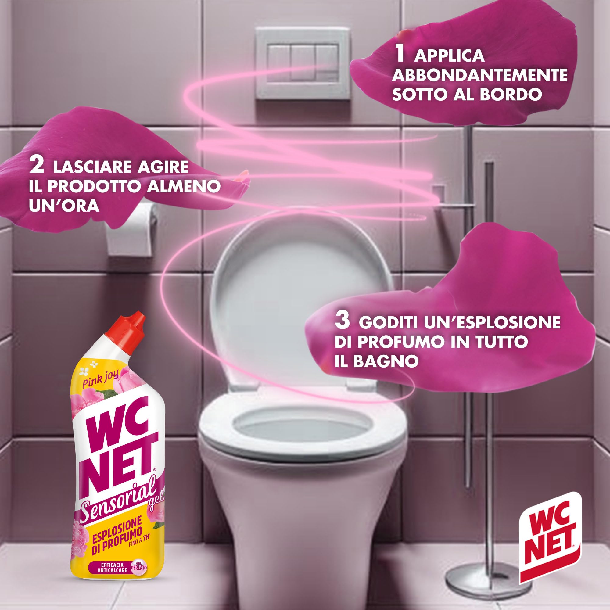 Wc Net Gel Sensorial Pink Joy, Peonia e Muschio Bianco, 700 ml x 12 | Igienizza il WC e previene il calcare, formula in gel con effetto perlato, pulito profondo e profumo a ogni scarico
