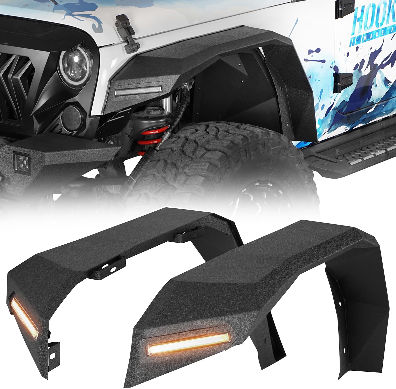 Hooke Road JK 8.7" Wide Flat Front Fender Flares for 2007-2018 Jeep Wrangler JK & JKU Unlimited 2 or 4 Doors, Steel Fenders with Turn Signal Lights DRL - 2 PCS