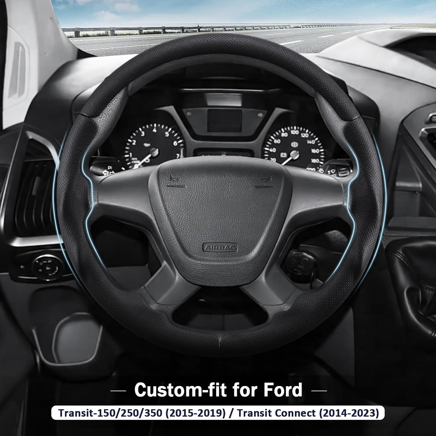 Steering Wheel Cover for Ford Transit-150/250/ 350 2015-2019, Transit Connect 2014-2023 3-Piece Steering Wheel Accessories (Black Hole)