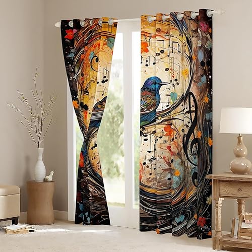 Miniatura 3 de Manfei Cortinas de ventana de pájaros, notas musicales y estampado de flores, cortinas de ventana para niños, niñas, adultos, tratamiento de ventana