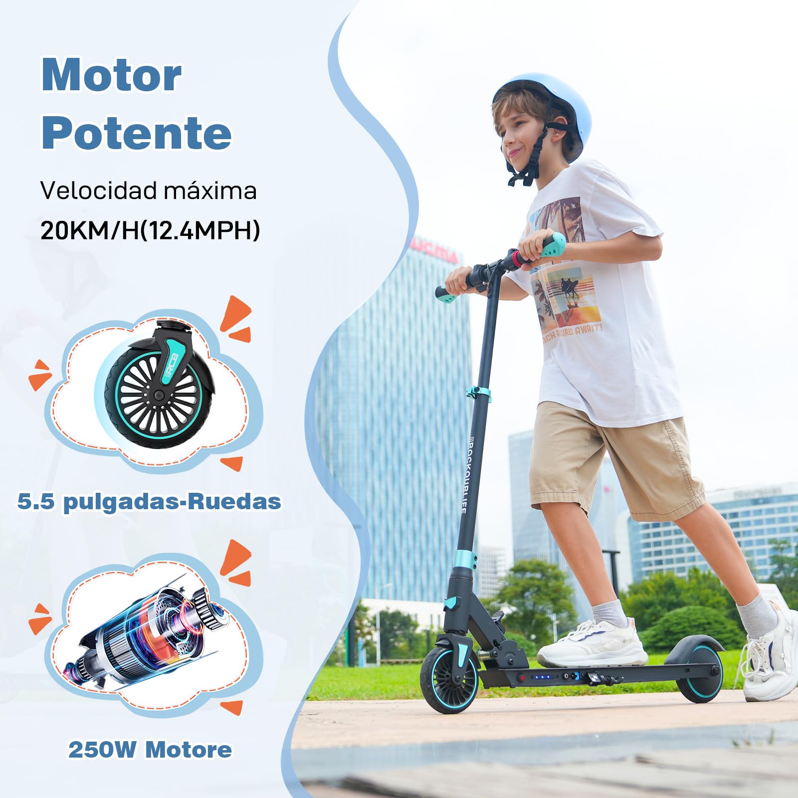 RCB R15 Patinete eléctrico Niños (8-12-16 años) - Máx.20 Km/h, Autonomía máxima 16 Km, Scooter Eléctrico Plegable para niños - Regalo para Adolescentes