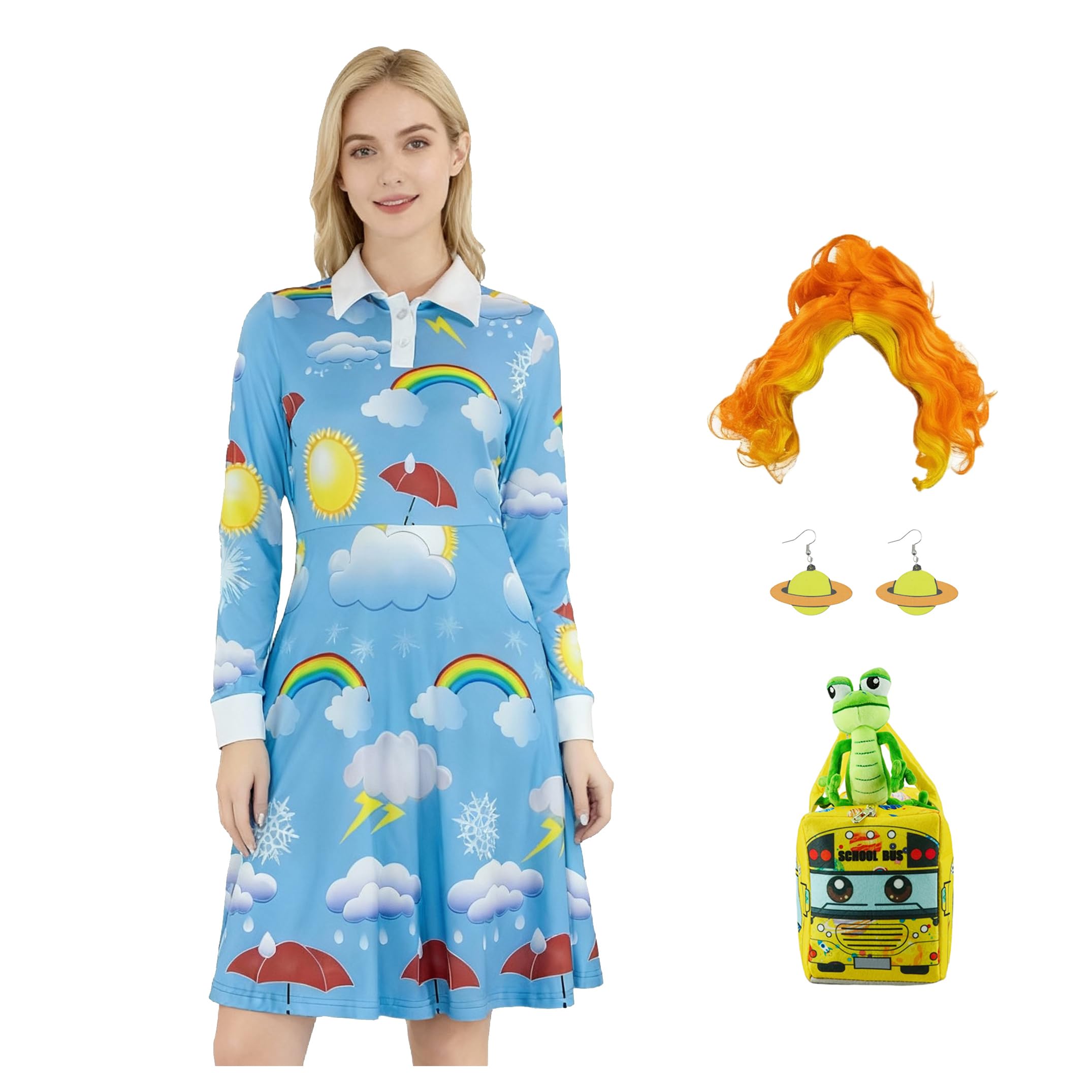 Jaugola Womens Ms Frizzle Costume Planet Dress Earrings Wig Lizard School Bus Bag Halloween Party Teacher Outfit, Light Blue, XX-Large