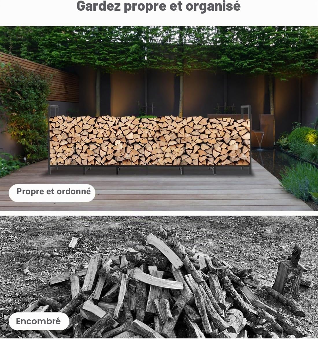 Range-bûches d'extérieur 2,4 m avec 14 pieds, étagère à bois résistant à la rouille, empilable réglable