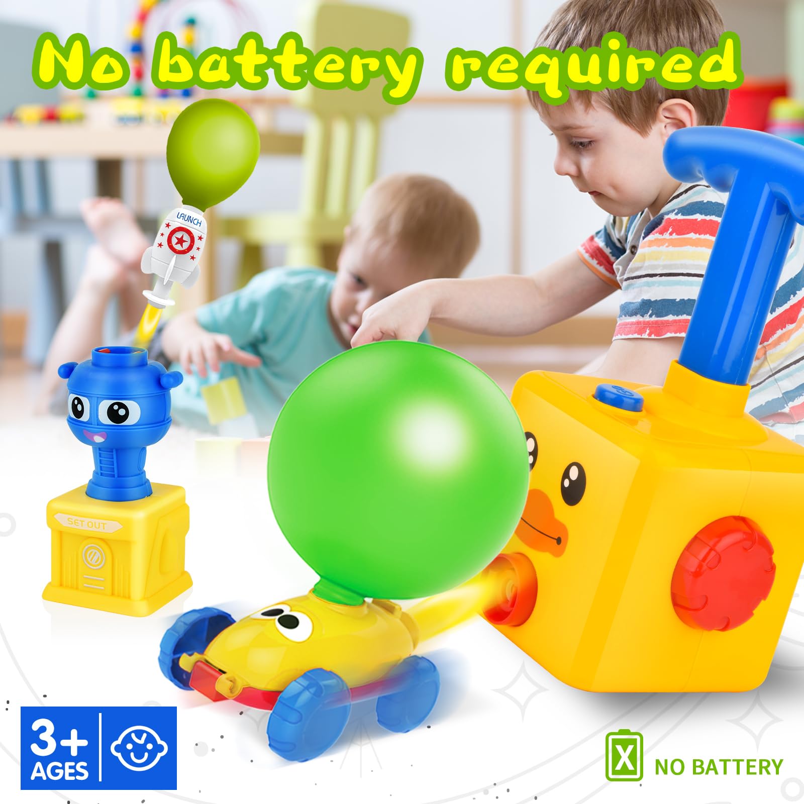 Solace Balloon Car Toy Set including Pump, Launcher and Racers, Powered Inflatable Racing Cars for Kids, Yellow, Red, Orange - Image 4