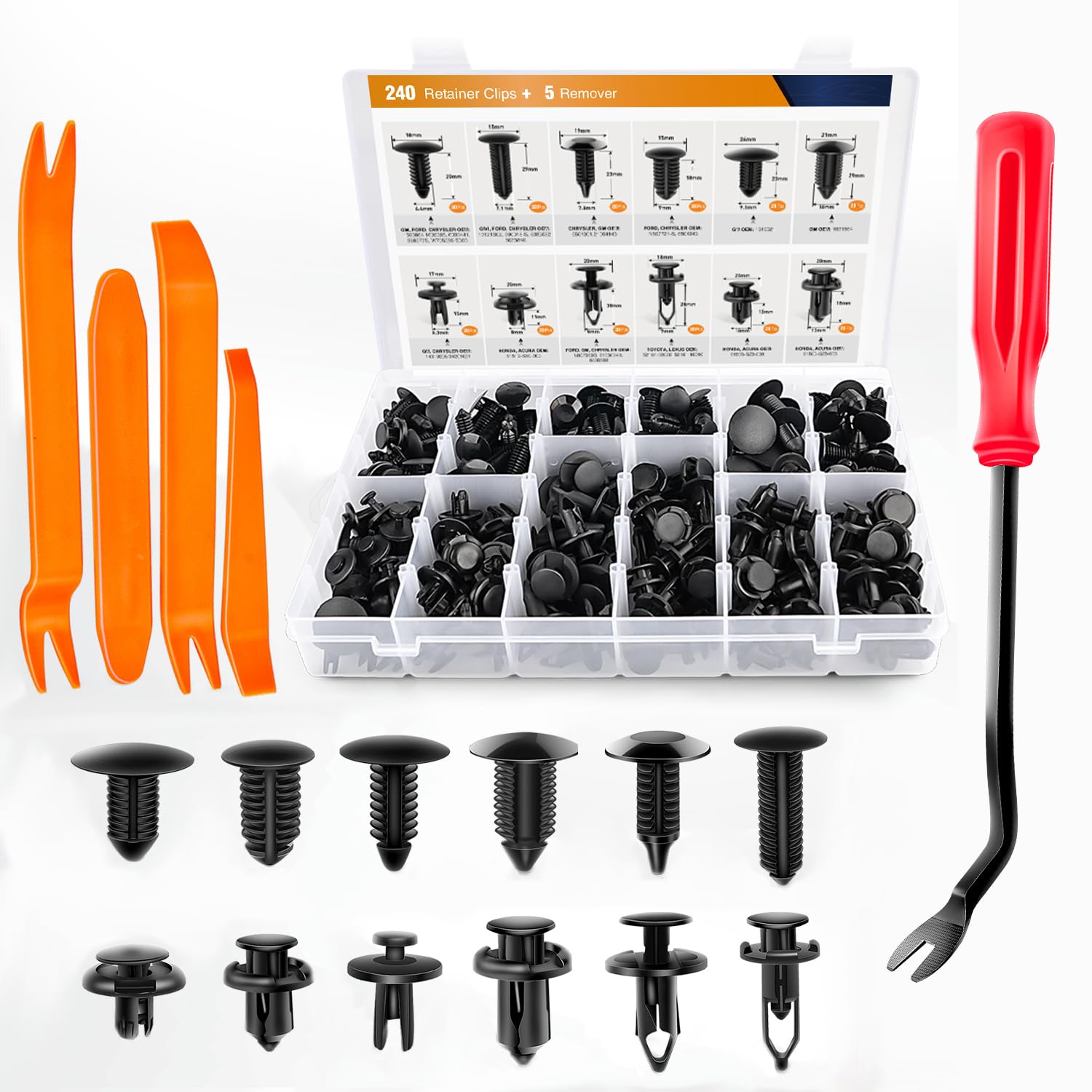 GOOACC - GRC-33 240PCS Bumper Retainer Clips Car Plastic Rivets Fasteners Push Retainer Kit Most Popular Sizes Auto Push Pin Rivets Set -Door Trim Panel Fender Clips for GM Ford Toyota Honda Chrysler 240Pcs Clips + 5 Remover Retainer Kit