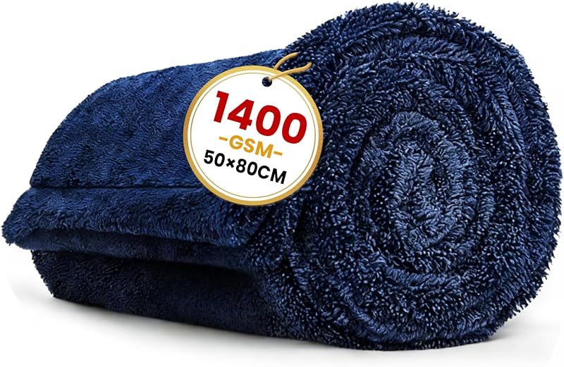 Omtofo 80×50 cm Microfibre Sechage Voiture, 1400GSM Super Absorbant Micro Fibre Sechage Voiture, Non Pelucheux, Fibres Arrondies Douces, Séchage sans Traces, sans Traces pour Auto Moto Vitre