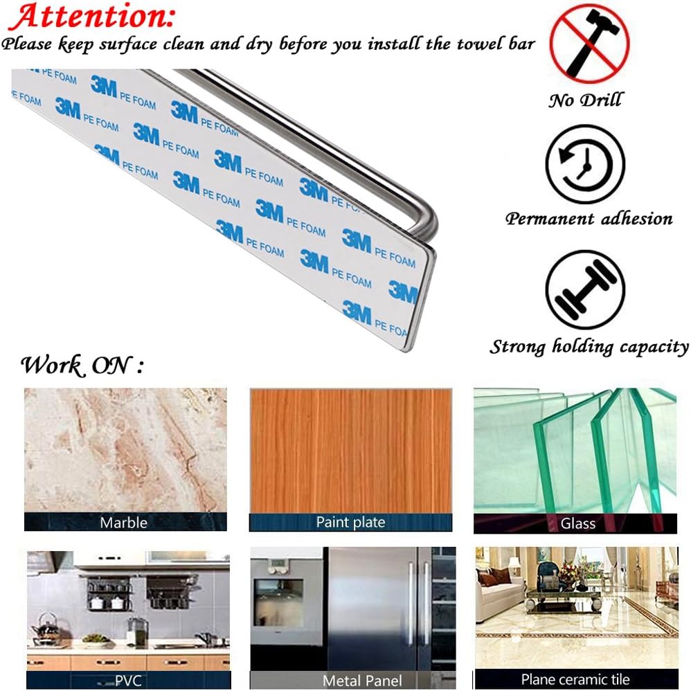 Sumnacon Towel Bar Rack with Hook, 13.38 Inch 3M Self Adhesive Stainless Steel Towel Holder Organizer for Bathroom Kitchen Bedroom, Brushed Finish (Towel Rack with Hook)