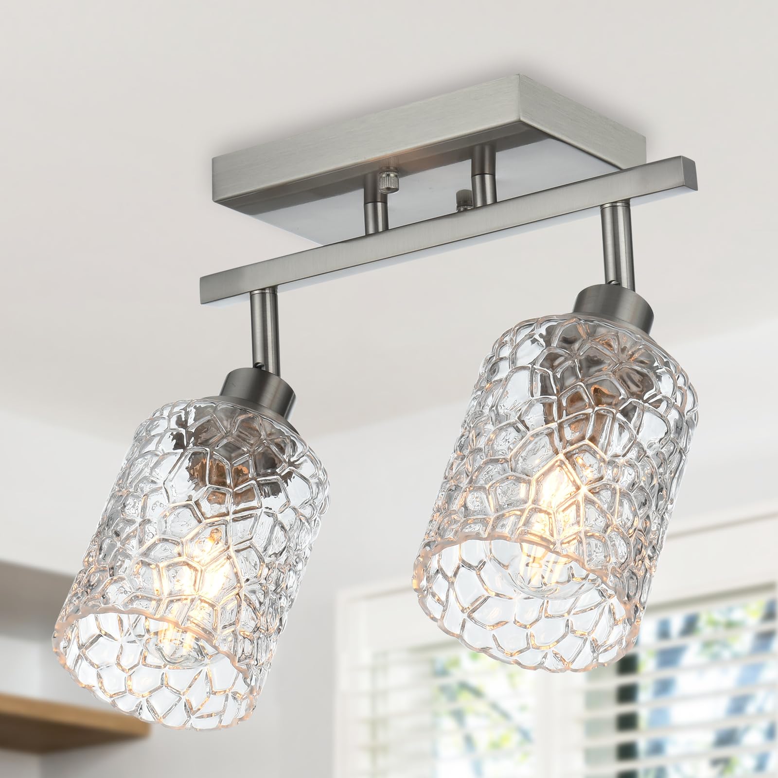 2-Light Brushed Nickel Directional Spotlight Track Lighting Kit with Clear Glass Shade, Semi Flush Mount Ceiling Light Fixture for Bathroom Vanity