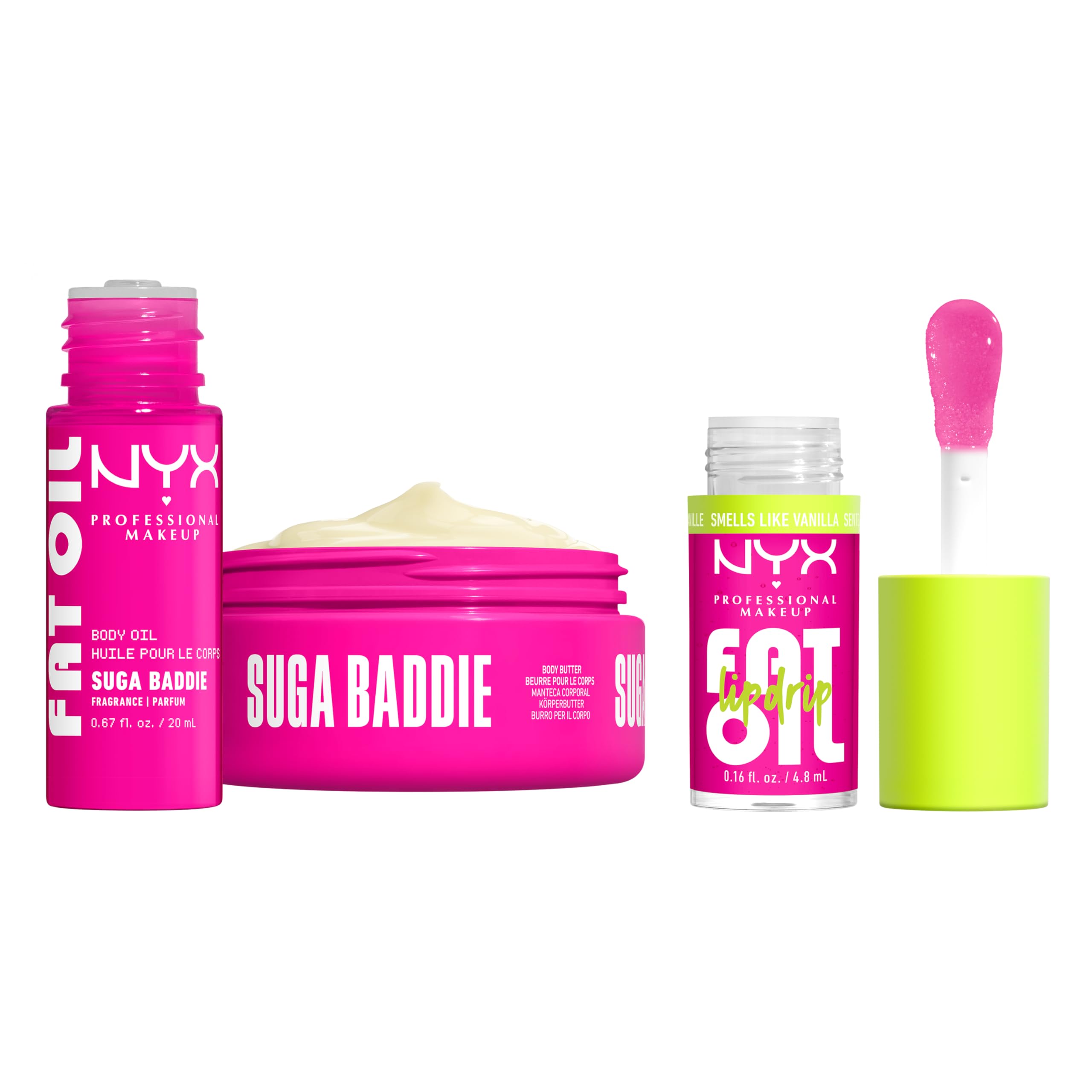 NYX Professional Makeup Fat Oil Lip & Body Kit, Travel-Friendly, Reusable-Pouch, Suga Baddie