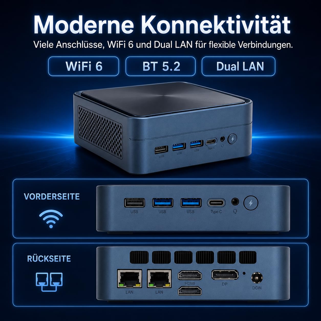 Mini PC Ryzen 7 6800H, 16GB LPDDR5 RAM, 512GB NVMe SSD für Büro und Home Office mit, Triple 4K über HDMI, DP und USB-C, Dual LAN, kompakter Mini Computer für Multimedia