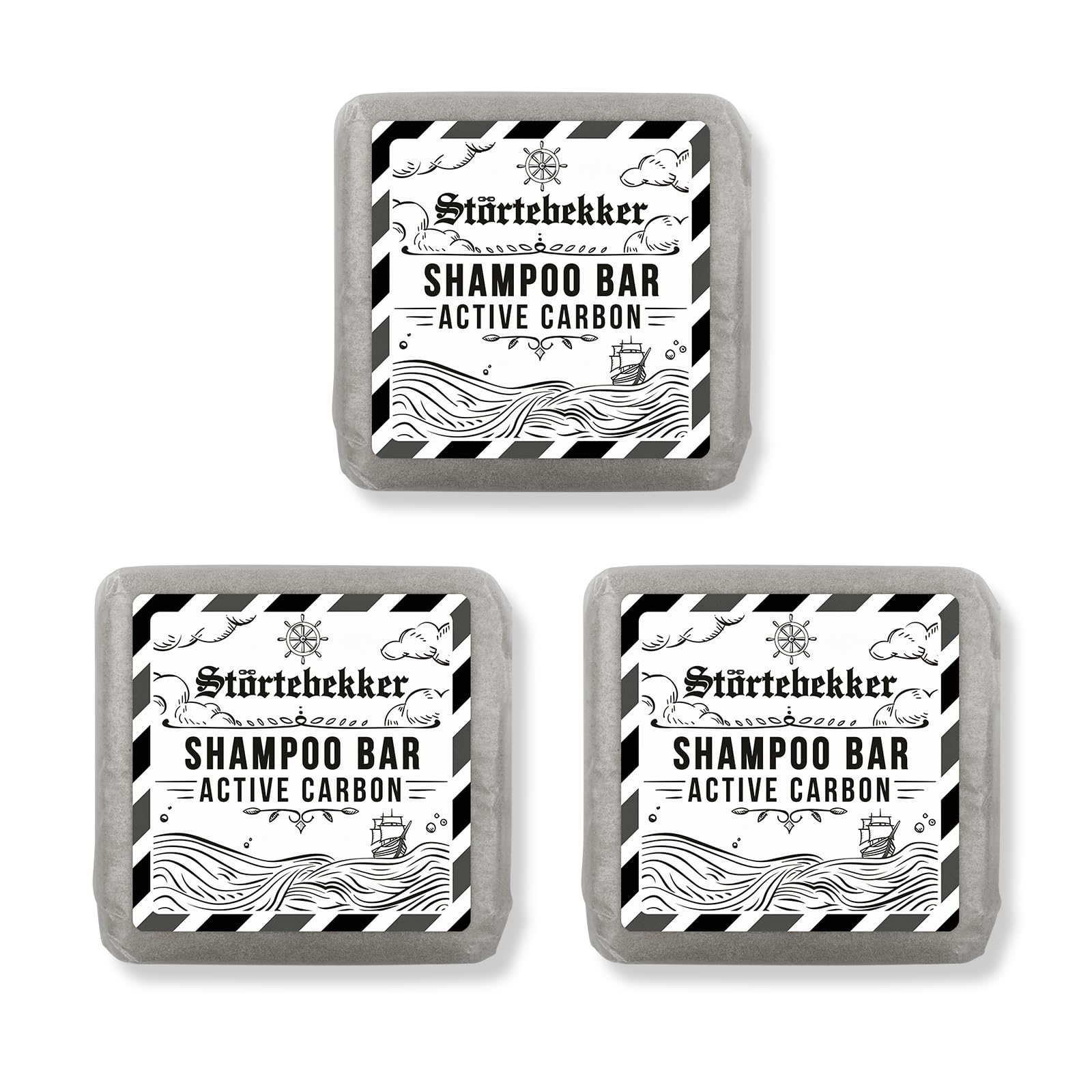 Störtebekker® Premium zestaw do rutyny prysznicowej – mocny szampon Active Carbon (x3), woreczek sizalowy, puszka z mydłem + gratis krem na dzień – zestaw do szamponu do pielęgnacji włosów / pod