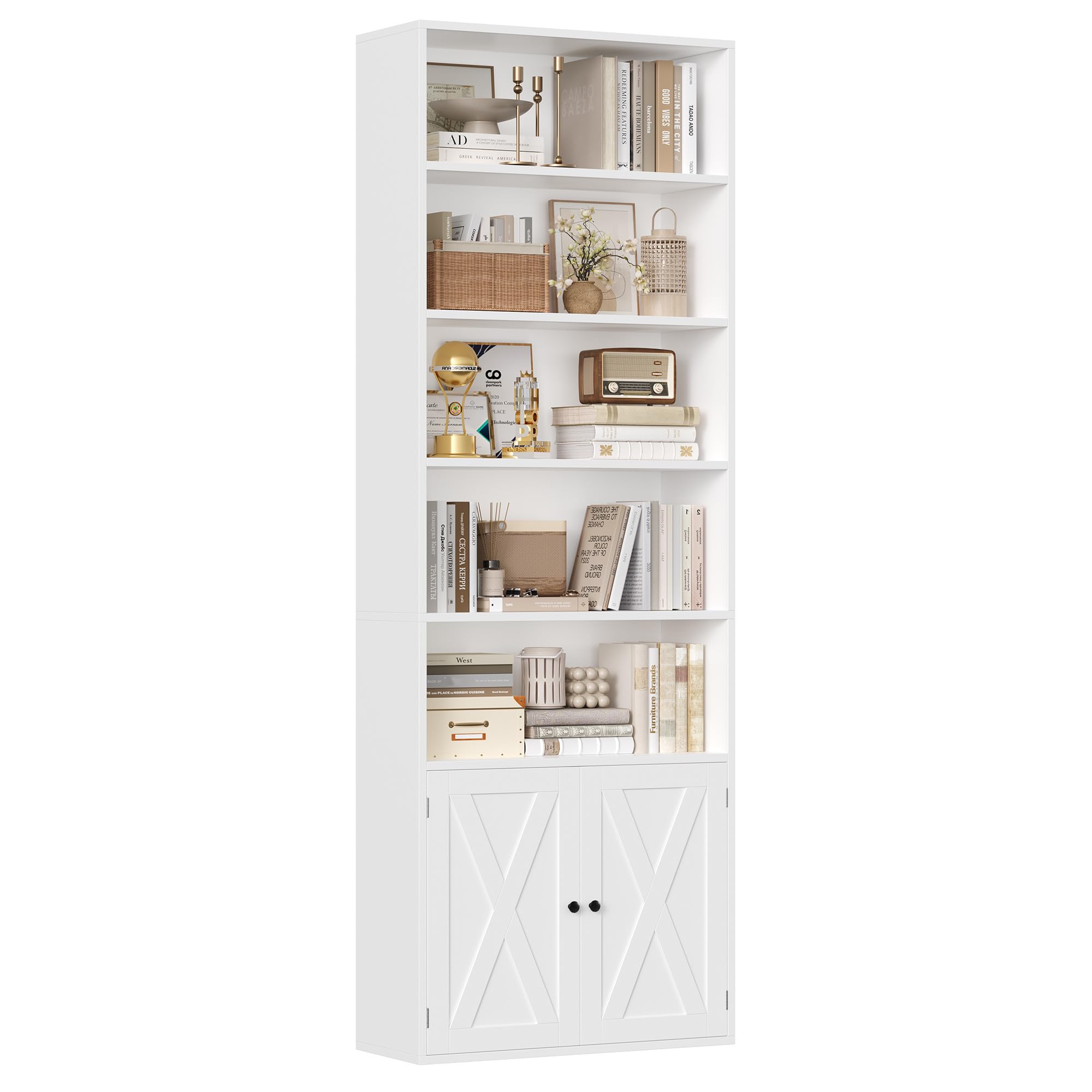 FirFurd 209cm Libreria Estanteria, 5 Compartimientos, Estantería, 2 Puertas | Librería Salón, Estantes Ajustables, Estantería Libros, para Salón, Estudio, Oficina, 60x23.5x209cm