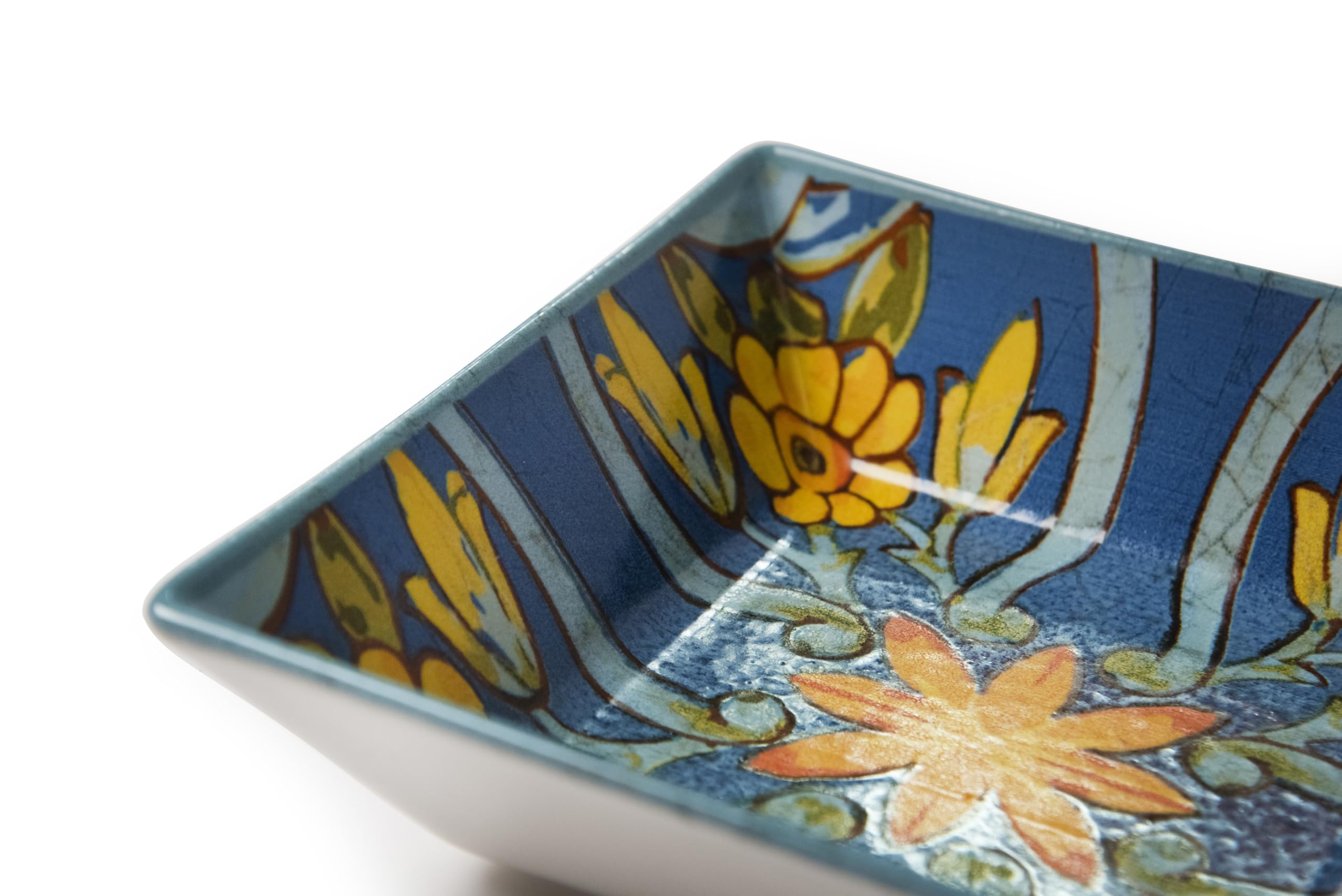 Excelsa Trinacria Lot de 6 assiettes creuses carrées en céramique, décoration florale bleue et jaune