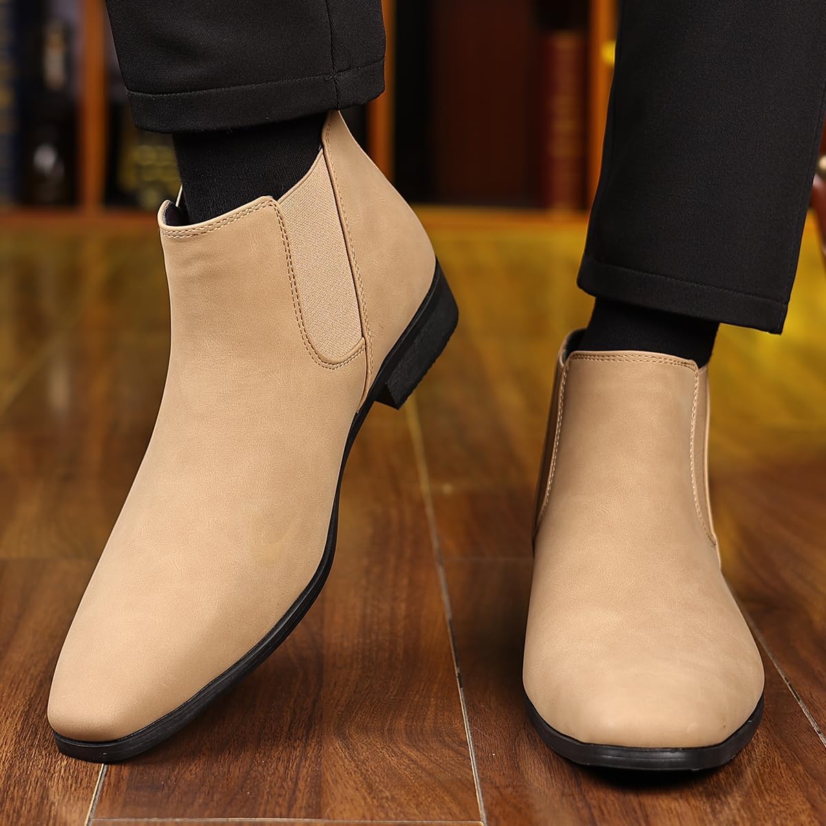 Chelsea Boots Men's Suede Elastic Slip On Dress Boots Comfort Low Heel Formal Wedding Party Business Casual Ankle Boots - Image 5