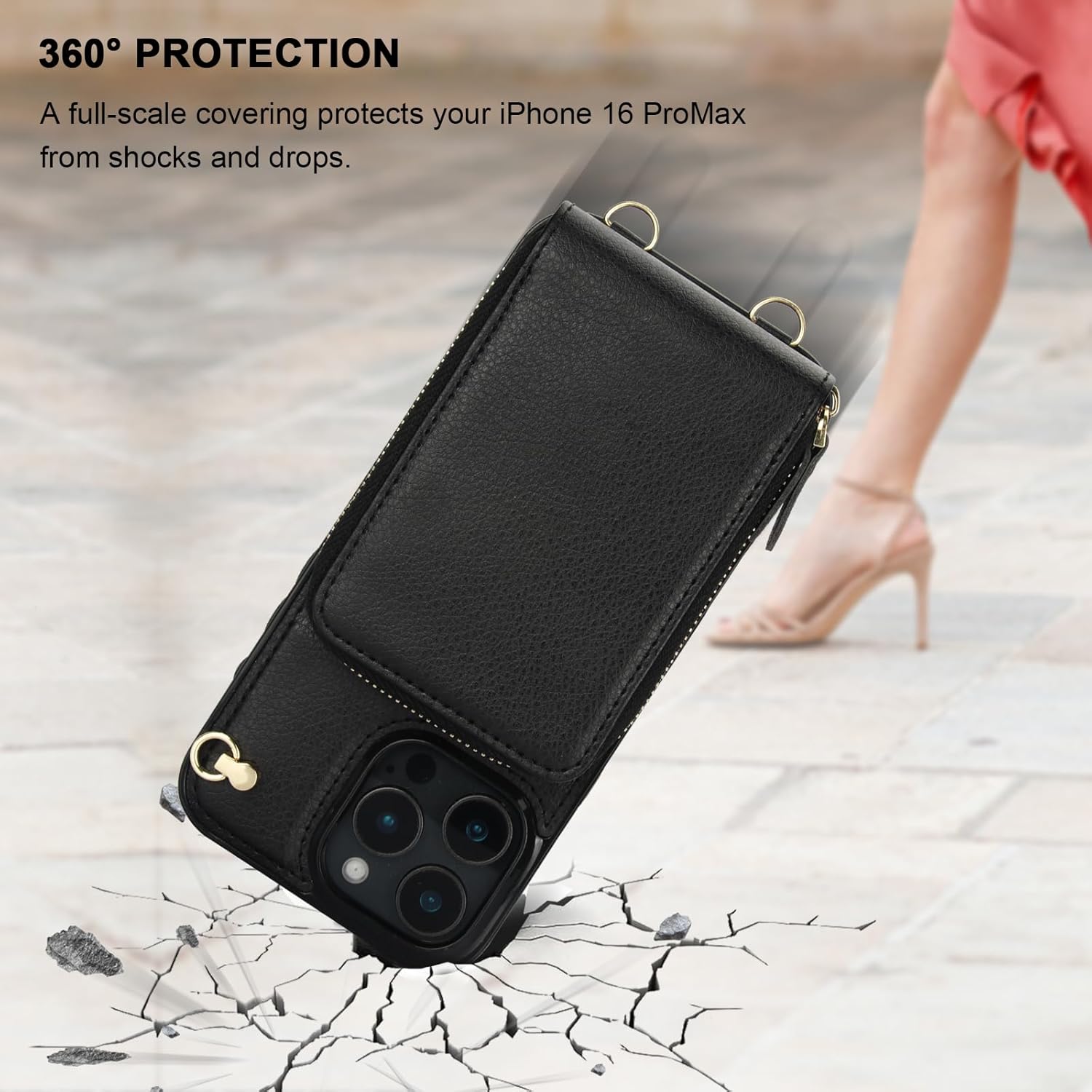 KIHUWEY Crossbody Wallet Case for iPhone 16 Pro Max, Zipper Pocket Case with Card Holder, PU Leather RFID Blocking Protective Cover with Kickstand and Detachable Wrist Strap Lanyard 6.9" (Black)