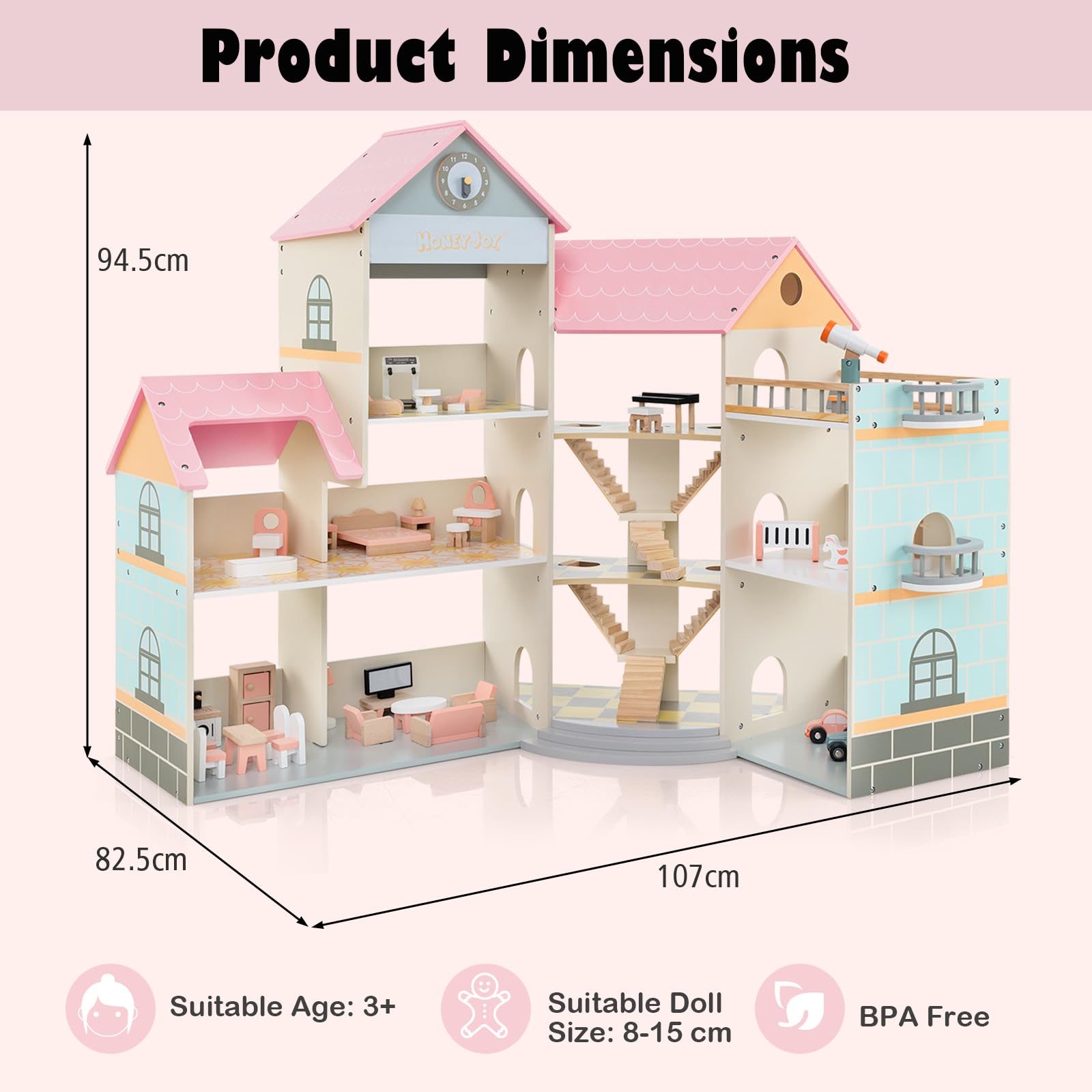 HOMASIS Casa delle Bambole in Legno per Bambini su 3 Livelli, Doll House con 42 Mobili e Accessori con 7 Stanze, Bella Casa da Sogno Principessa per Bambole, per Bambini 3+ Anni (Rosa)
