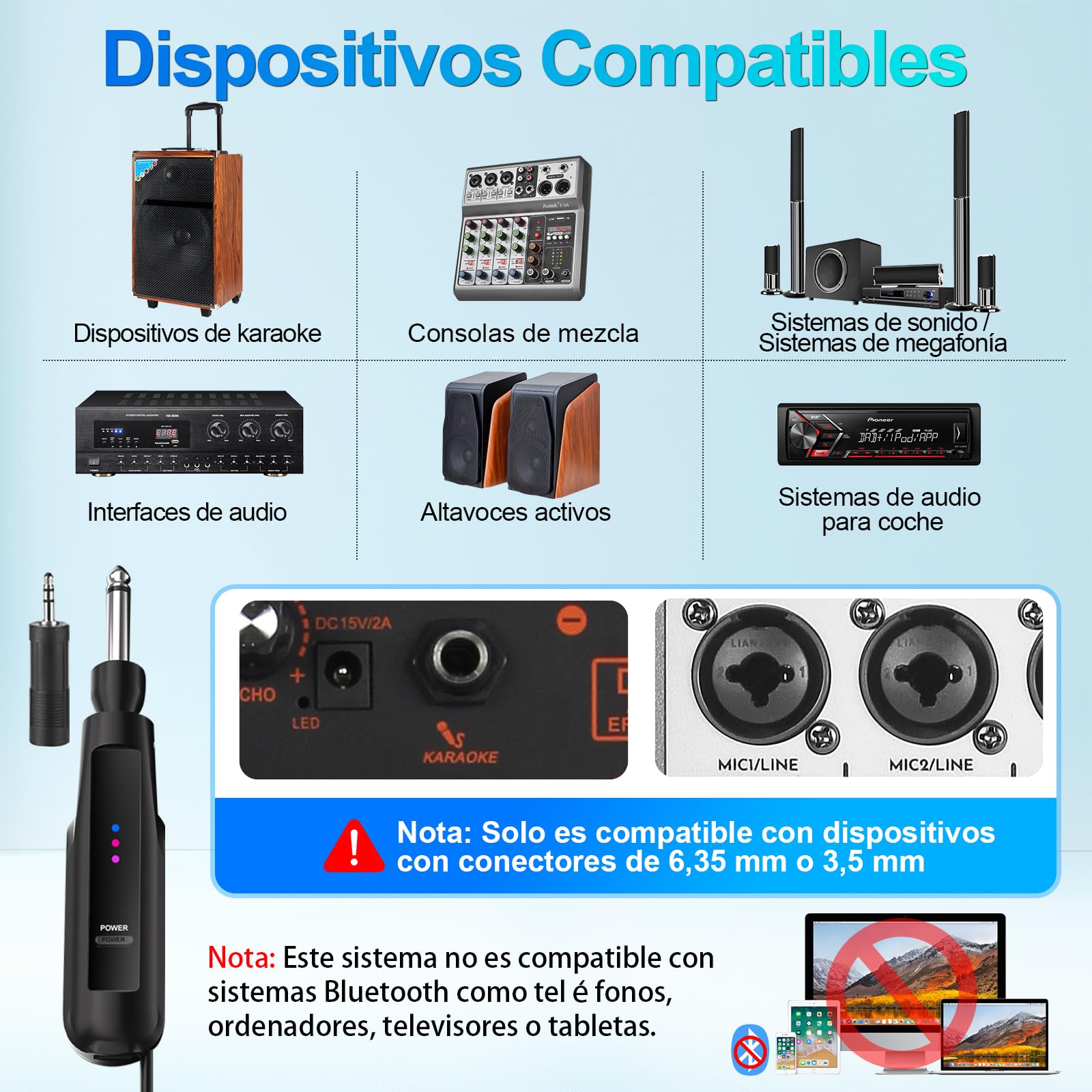 Aveek Micrófono Inalámbrico, Micrófono Inalámbrico para Karaoke, Micrófono Inalámbrico Recargable, Interfaz de 6,35mm/3,5mm, Adecuado para Altavoces, Canto, Bodas, DJ, Fiestas