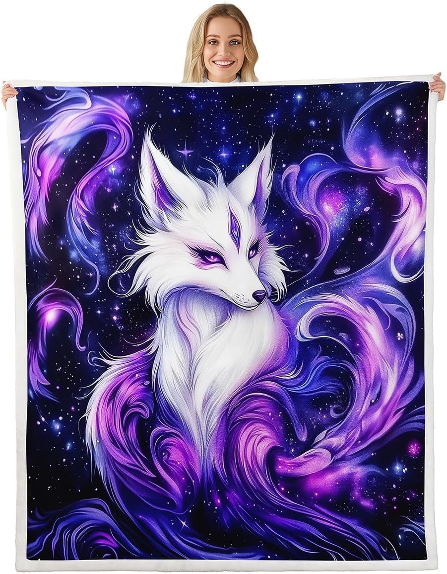 Feelyou Fox Fleece Throw Blanket Throw 50"x60" Kids Purple Gaxlxy Fox Plush Sherpa Blanket Fuzzy for Boys Girls Teens Outer Space Universe Print for Bed Couch Chair Woodland Nature Wildlife