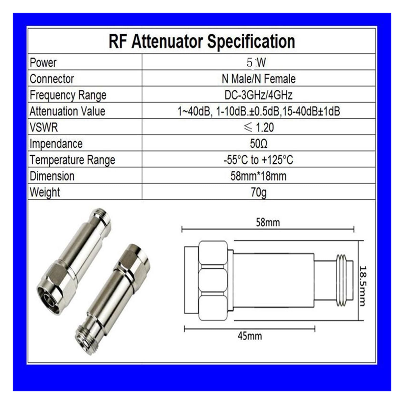 Attenuatore 5W N Attenuatore Tipo DC-3Ghz/4Ghz 1/2/3/5/6/10/15/20/30db/40db N Maschio a Femmina coassiale Potenza Maschio a Femmina 50ohm(20db,4G)
