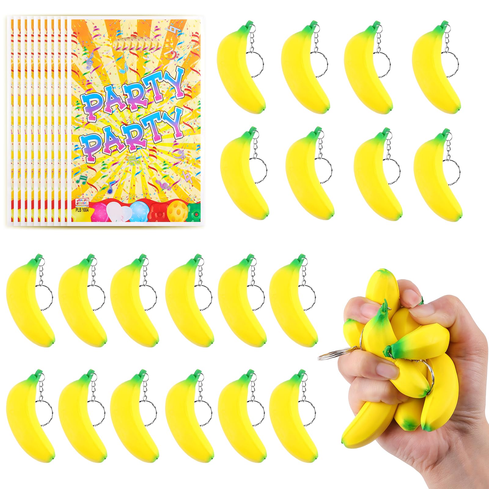 Anboor 20 Pcs Banana Stress Toys with Keychains and 10 Party Bags, Stretchy Banana Stress Relief Fidget Toy, Mini Squeeze Party Favors for Kids Adults, Bulk Sensory Toys for Birthdays