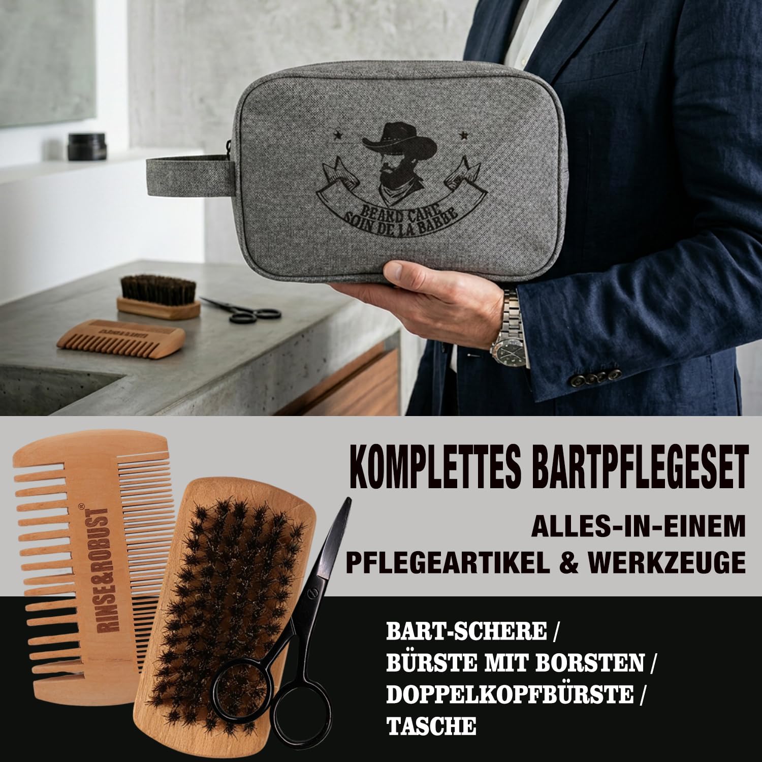 Rinse&Robust 8-częściowy zestaw do pielęgnacji brody z torbą podróżną, zapachem eukaliptusa, szczotką, grzebieniem, nożyczkami do brody, szamponem do brody