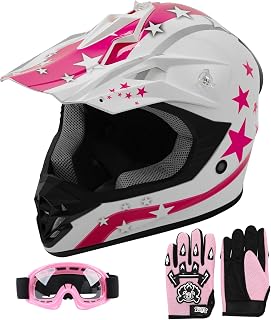 SLMOTO DOT Kids Youth Dirt Bike Helmet Multiple Air Vents ATV 4 Wheels Motocross Full Face Off Road Motorbike BMX Mountain Bike Helmet Pink Star X-Large