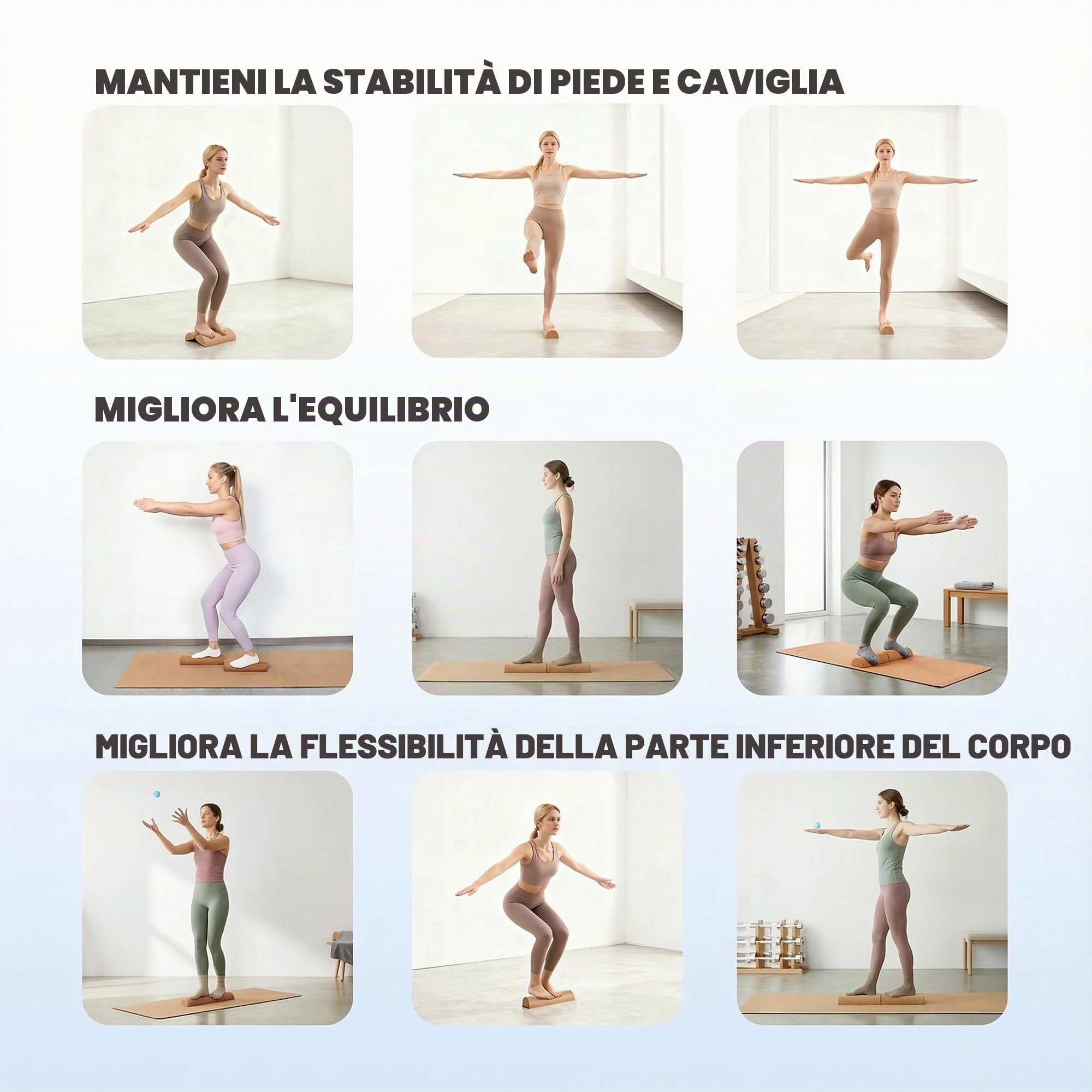 Tavoletta propriocettiva in sughero per piedi e caviglie – Balance board 4 in 1 con blocchi, rullo, palla fasciale e fasce per dita – allenamento equilibrio & forza dei piedi a casa