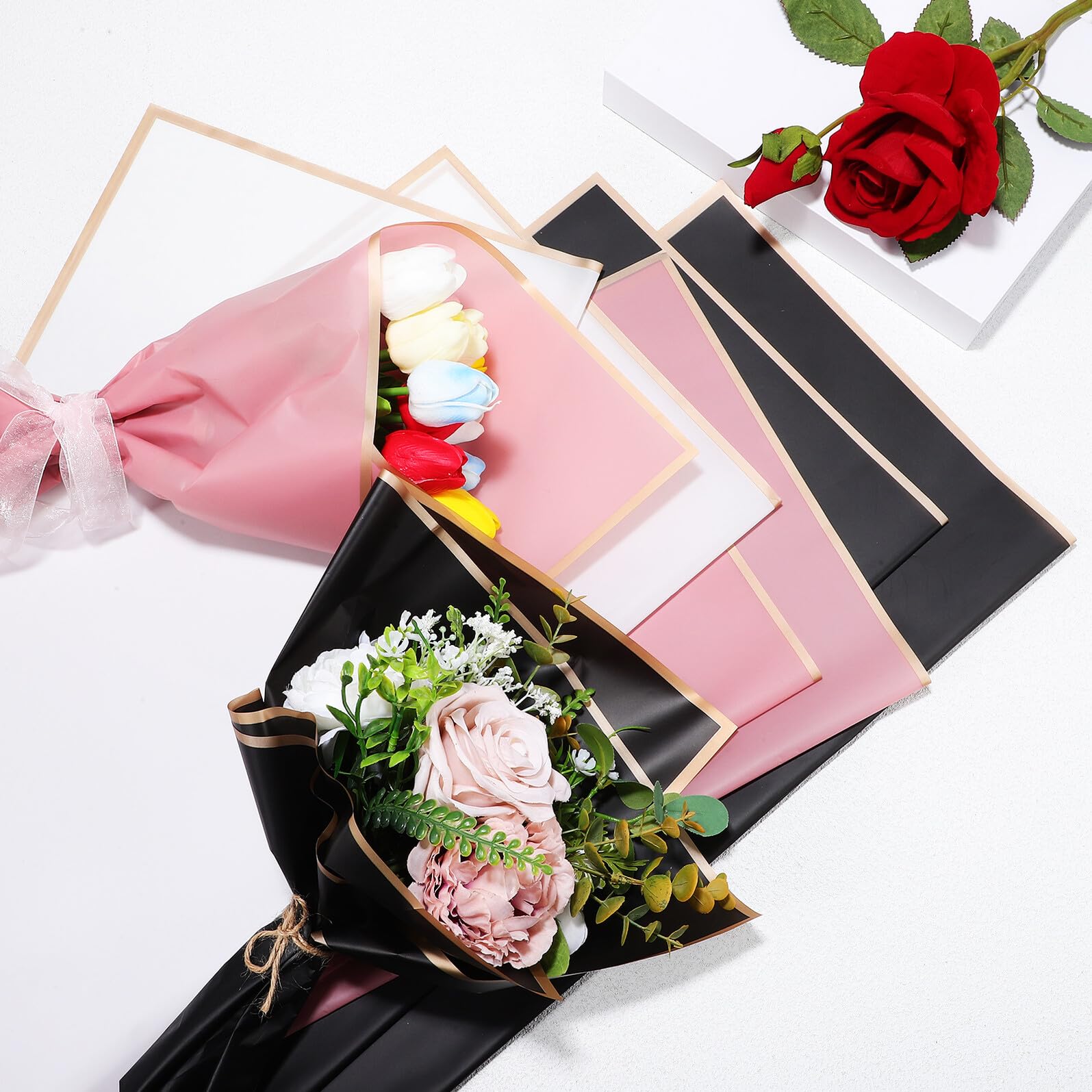 IWOWHERO 60 feuilles Papier Emballage Bouquet de Fleurs Imperméable avec Bordure Dorée Papier Fleuriste Transparent pour Mariage Anniversaire et DIY Décoration