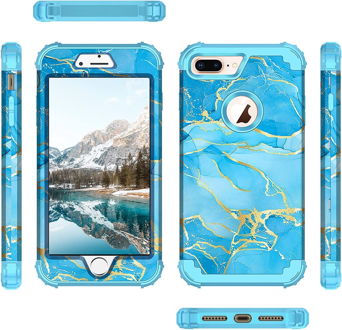 Casetego for iPhone 8 Plus Case/iPhone 7 Plus Case,Heavy Duty Shockproof 3 Layer Hard PC+Soft Silicone Bumper Rugged Anti-Slip Protective Cases for Apple iPhone 8 Plus and iPhone 7 Plus,Blue Marble