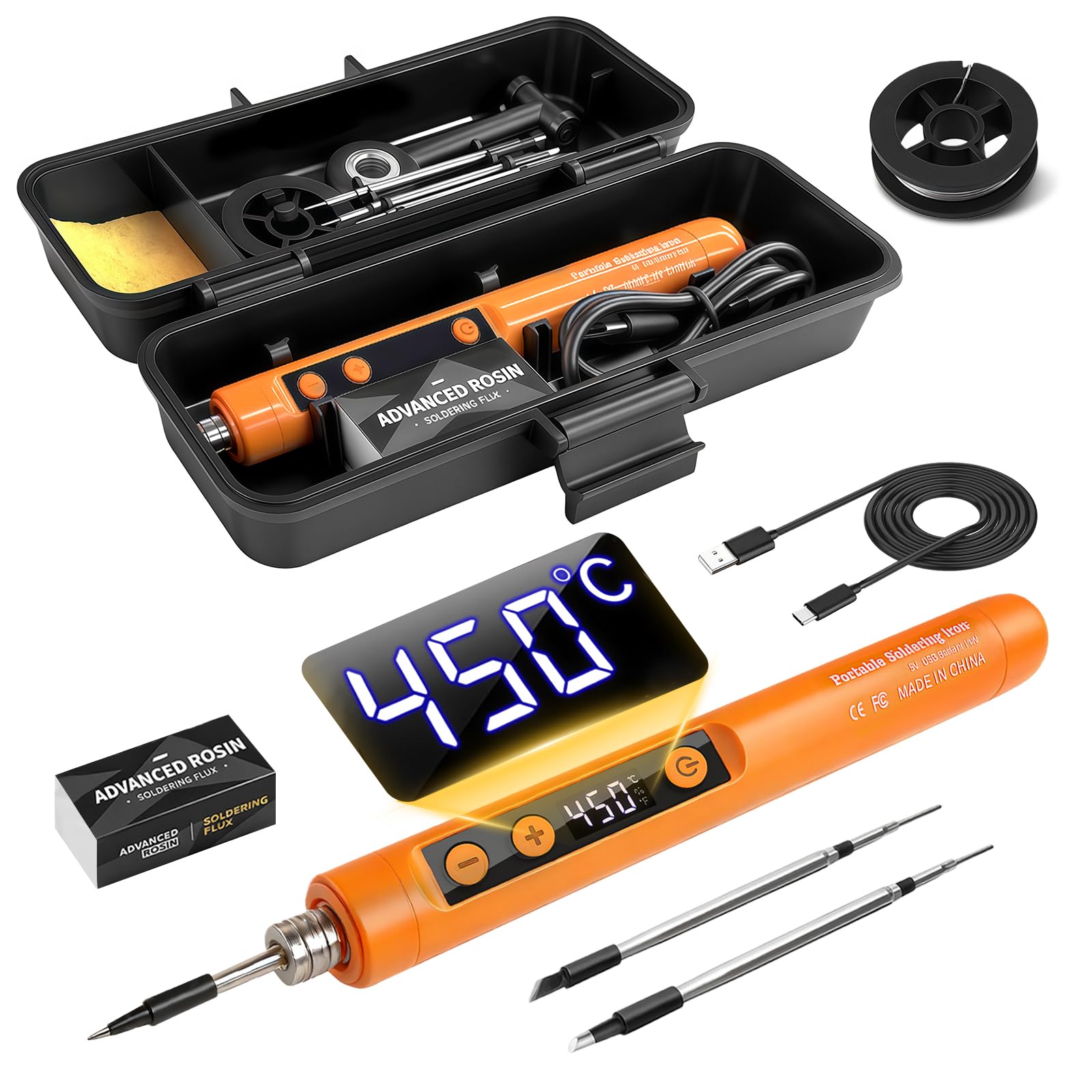 Flintronic Cordless Soldering Iron Kit, Portable Soldering Irons with LCD Display, Adjustable Temperature 180°C-450°C, Rechargeable USB Soldering Iron for DIY Projects, Home Appliance Repair-Orange