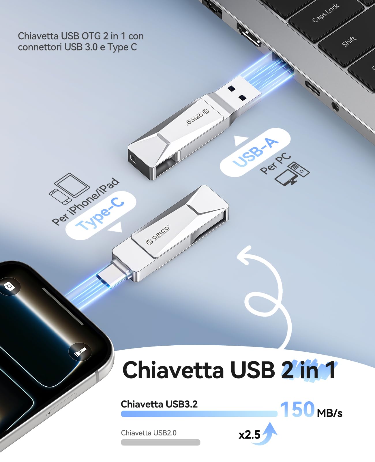 ORICO Chiavetta USB 256 GB USB 3.2 Memory Stick OTG fino a 150 MB/s 2 in 1 Tipo C Flash Drive in metallo per iPhone 17/16/15/Smartphone Android/Tablet/Mac/Laptop/PC, Argento, CB05