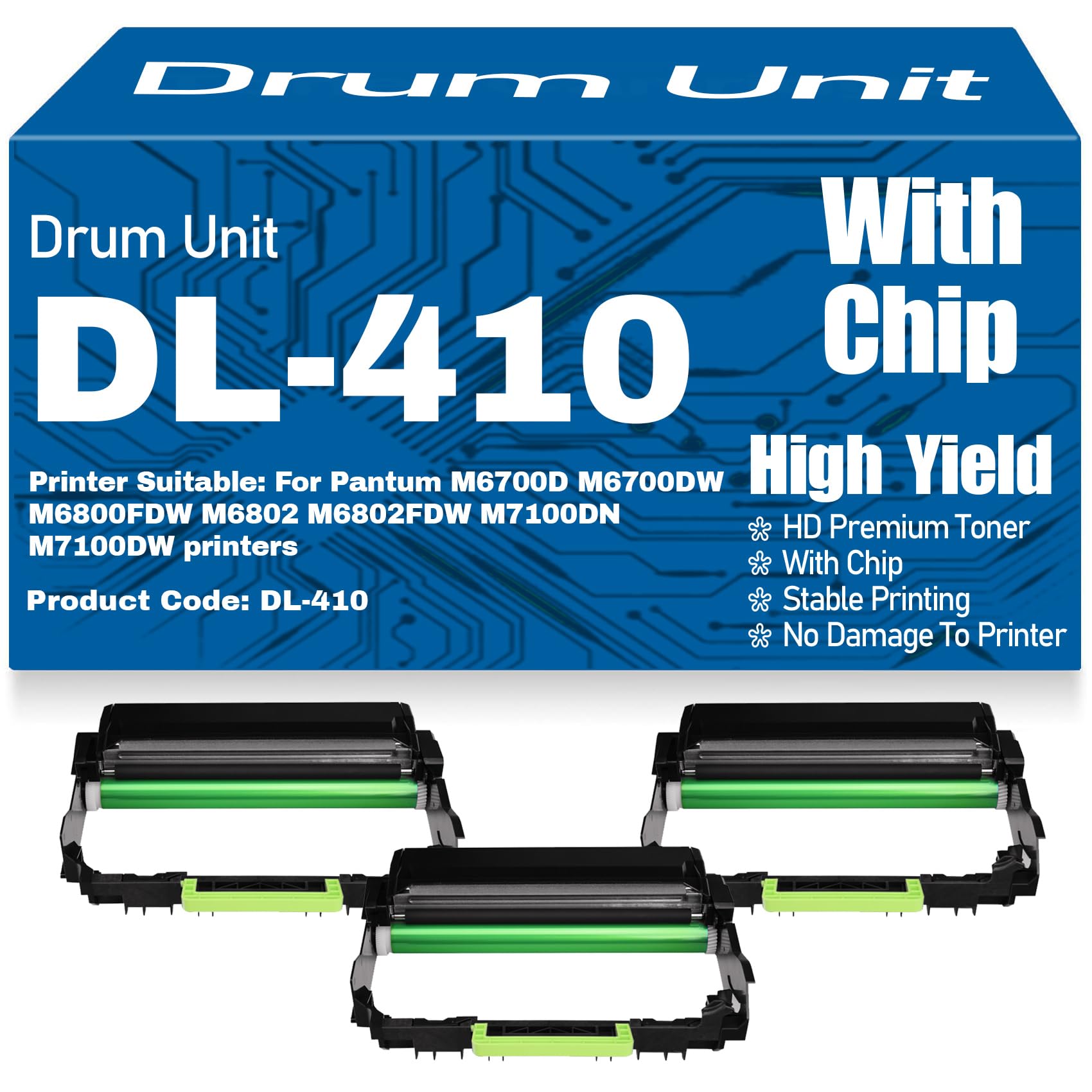 Unità tamburo DL-410 compatibile con tamburo di imaging DL410 per Pantum M6700D M6700DW M6800FDW M6802 M6802FDW M7100DN M7100DW Stampanti ad alta capacità 12000 pagine,3PC-Black