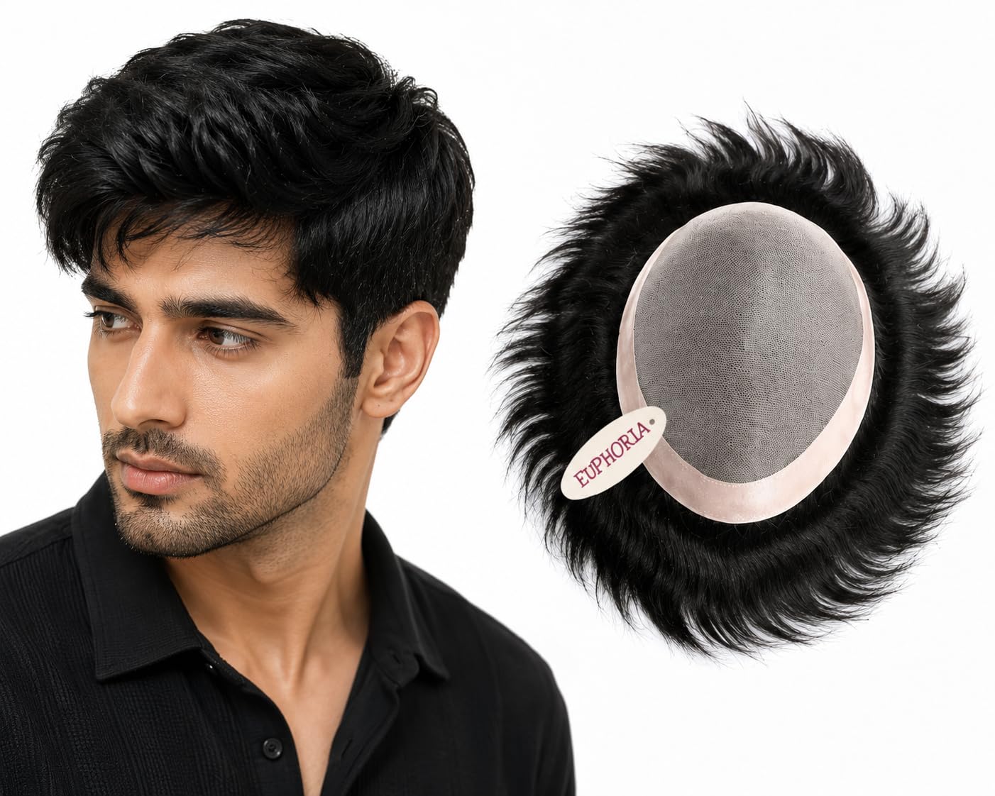 euphoria® 10x8 superior mono hair patch | real and natural looking 100% human hair wigs | durable pu breathable hair toupee | proper ventilation non surgical hair replacement system | indian black | can be used with clips, tape or glue |