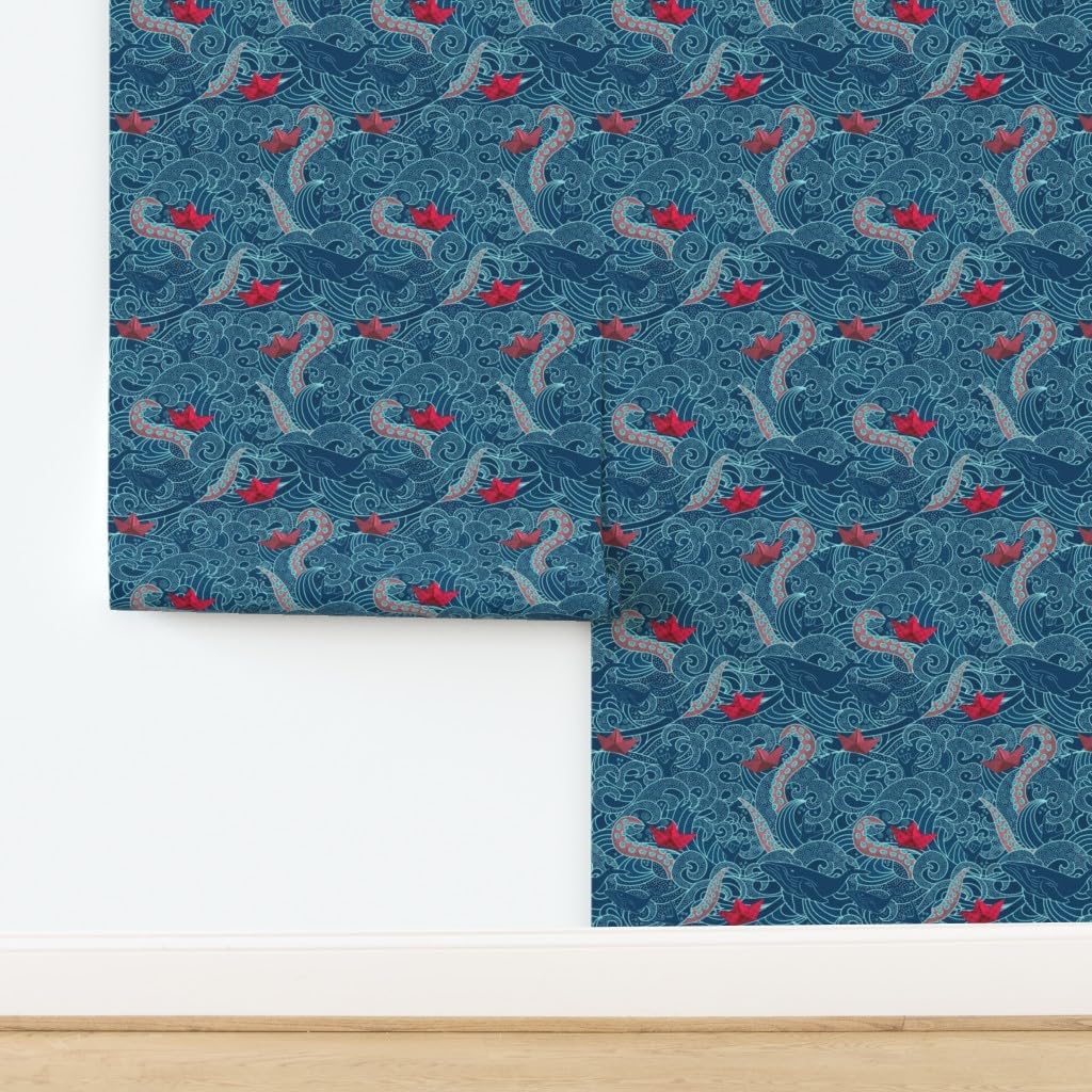 Spoonflower Commercial Grade Wallpaper Swatch - Octopus Ocean Small Print Japanese Hawaii Wave Nautical Traditional Wallpaper