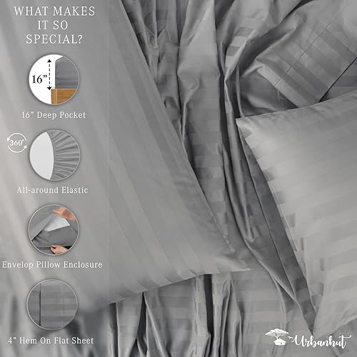 Miniatura 5 de URBANHUT Juego de sábanas de 800 hilos de algodón egipcio a rayas damasco tamaño King (4 unidades), ultra suaves y lisas, tejido satinado, sábanas