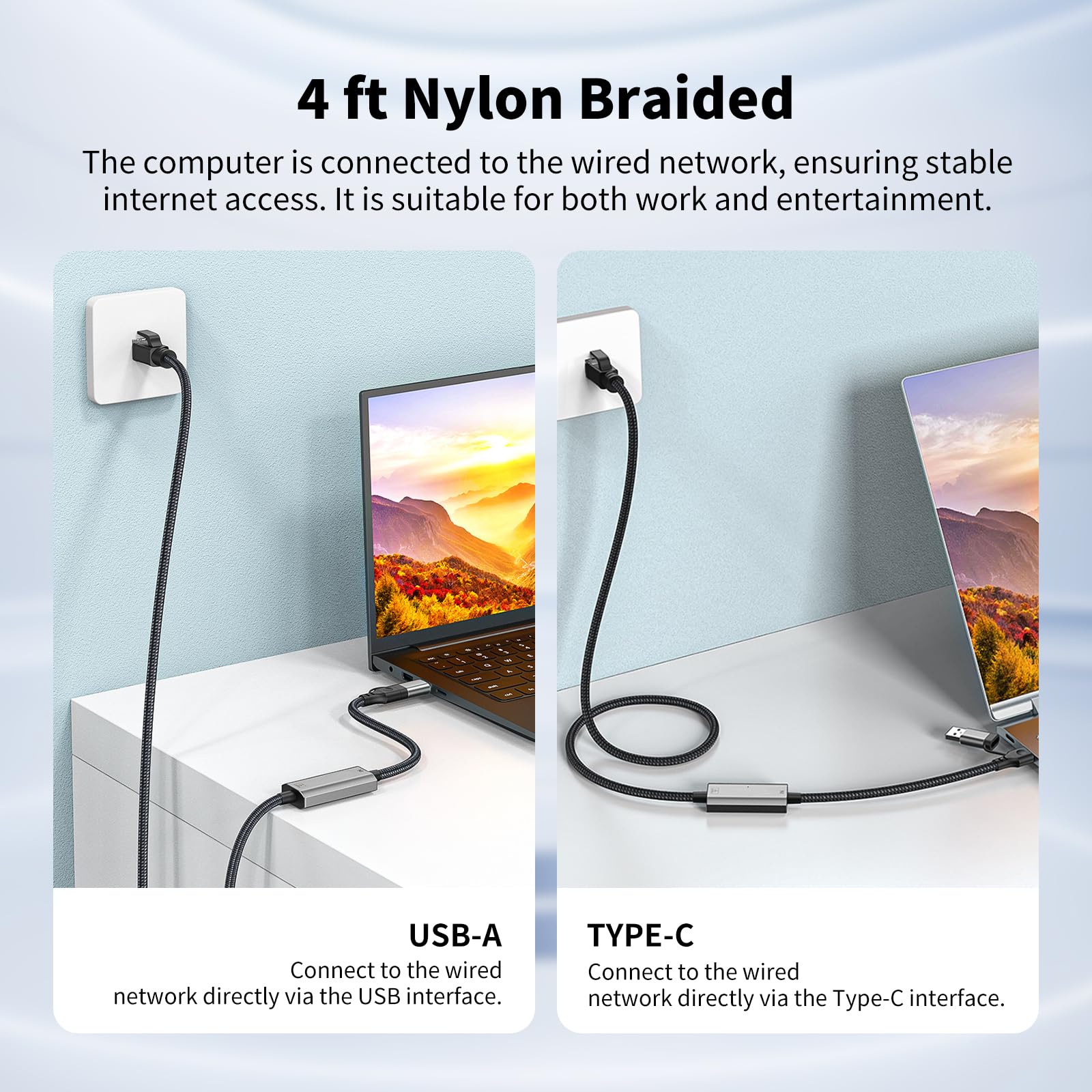 Adaptador 2 en 1 USB-C/USB 3.0 a Ethernet de 4 pies, cable de red LAN Gigabit tipo C a RJ45, 1000 Mbps conectado directamente, cable Ethernet tipo C compatible con MacBook Pro, iPad Pro