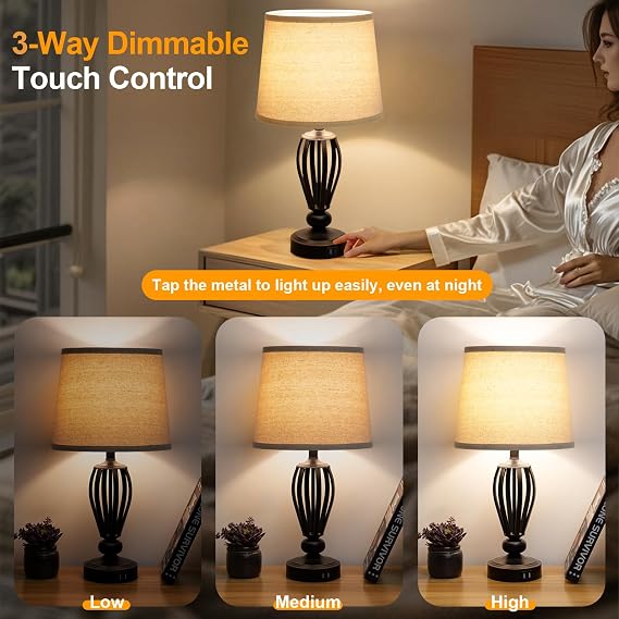 USB Bedside Lamp, 3-Way Dimmable Touch Table Lamp with USB C+A Charging Ports Industrial Table Lamp Black Metal Base Farmhouse Reading Lamp for Bedroom, Living Room, Office or Study LED Bulb Included