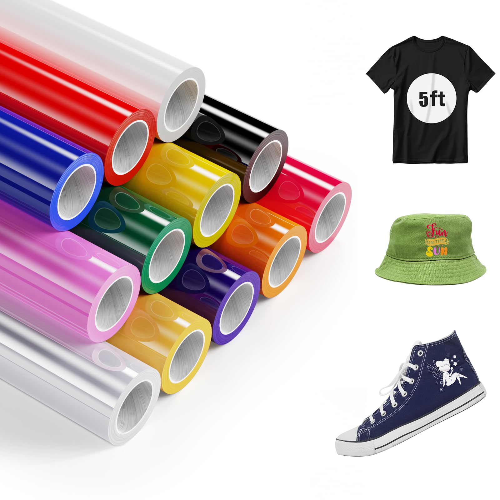 HTV Vinyl Rolls, Pack of 12 Heat Transfer Vinyl, No Peeling - 12'' X 5ft Iron on Vinyl Compatible with Cricut Machine, HTV DIY for T-Shirts