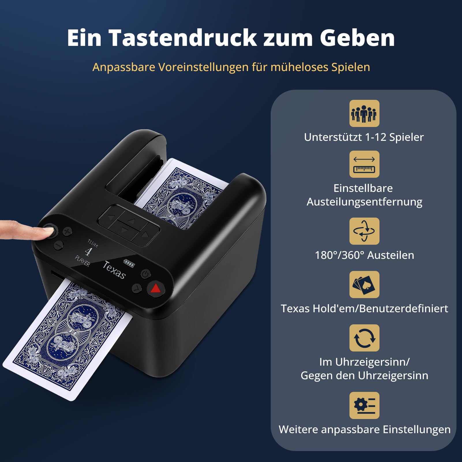 Automatischer Elektrischer Kartensendemaschine Wiederaufladbar für 1/2/3 Decks, 1–12 Spieler, 4 Rufknöpfe, 360°& 180°Drehung, kompatibel mit Texas Hold'em Poker, UNO, Bridge, Blackjack und mehr