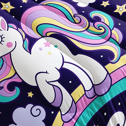 Miniatura 5 de Juego de ropa de cama de unicornio tamaño matrimonial para niñas para todas las estaciones, juego de edredón de 3 piezas de microfibra suave, juego