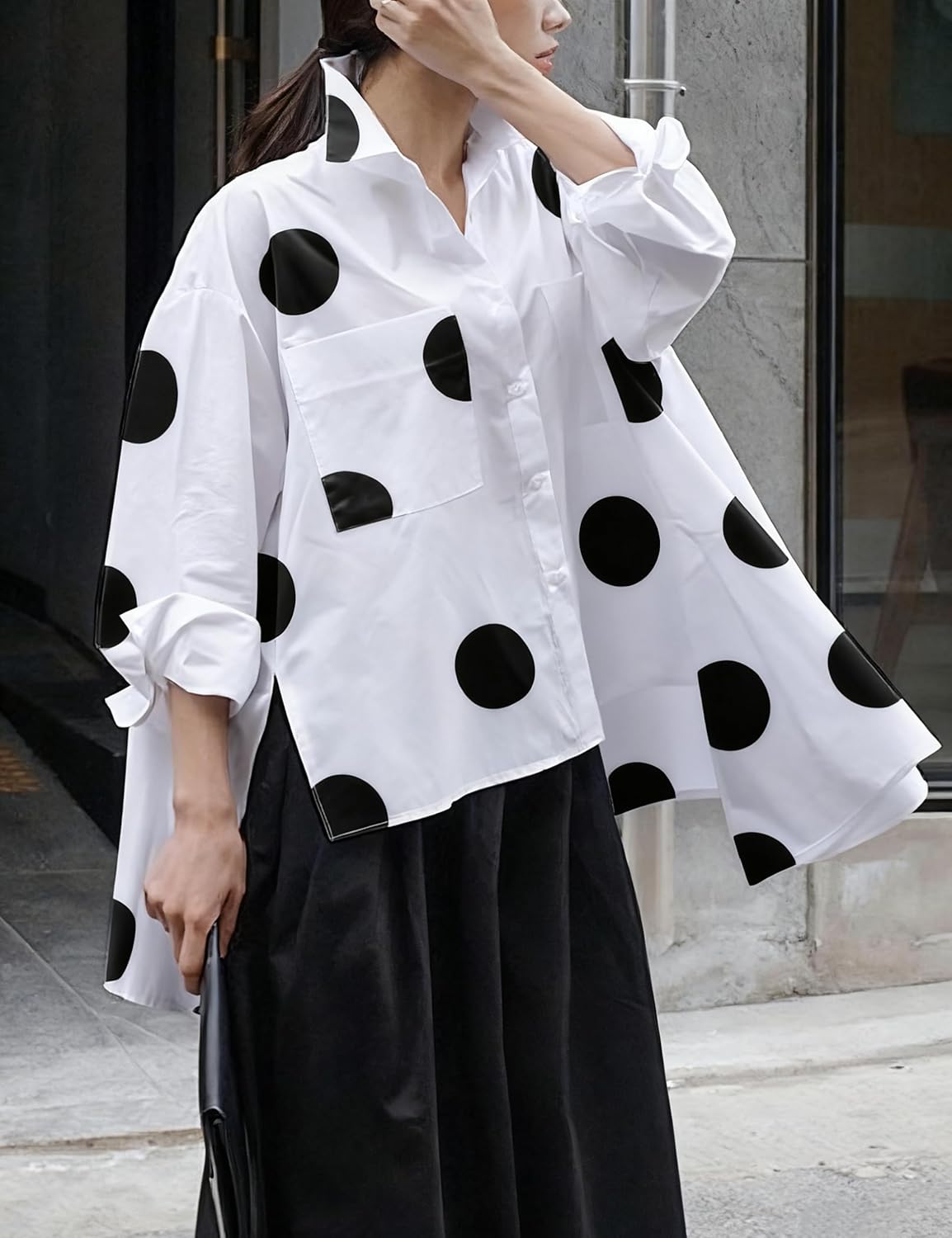oshoplive Women's 2025 Loose Flowy Blouse Tops Polka Dot Long Sleeve Button Down Side Slit High Low Hem Tunic Shirt - Image 2